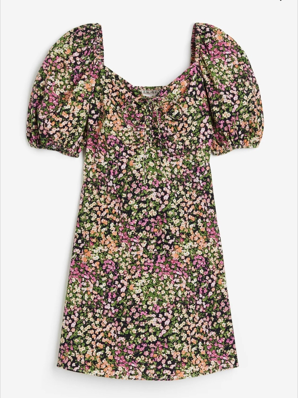 H&M Floral Puff-Sleeve Mini Dress in Black, Pink & Green